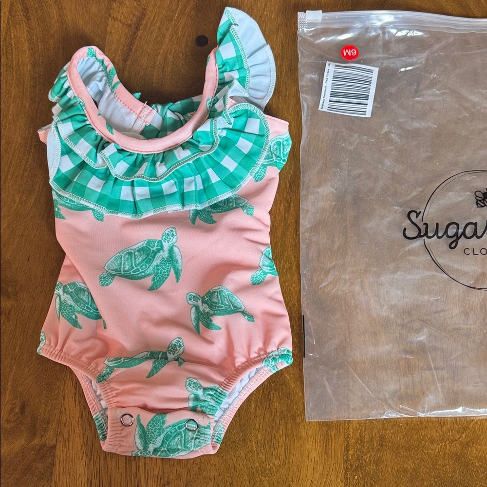 Sugar Bee Peach and Green Baby Swimsuit girls